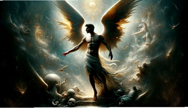 Chân dung nhân vật Lucifer với hào quang đỏ rực rỡ và đầy quyền uy