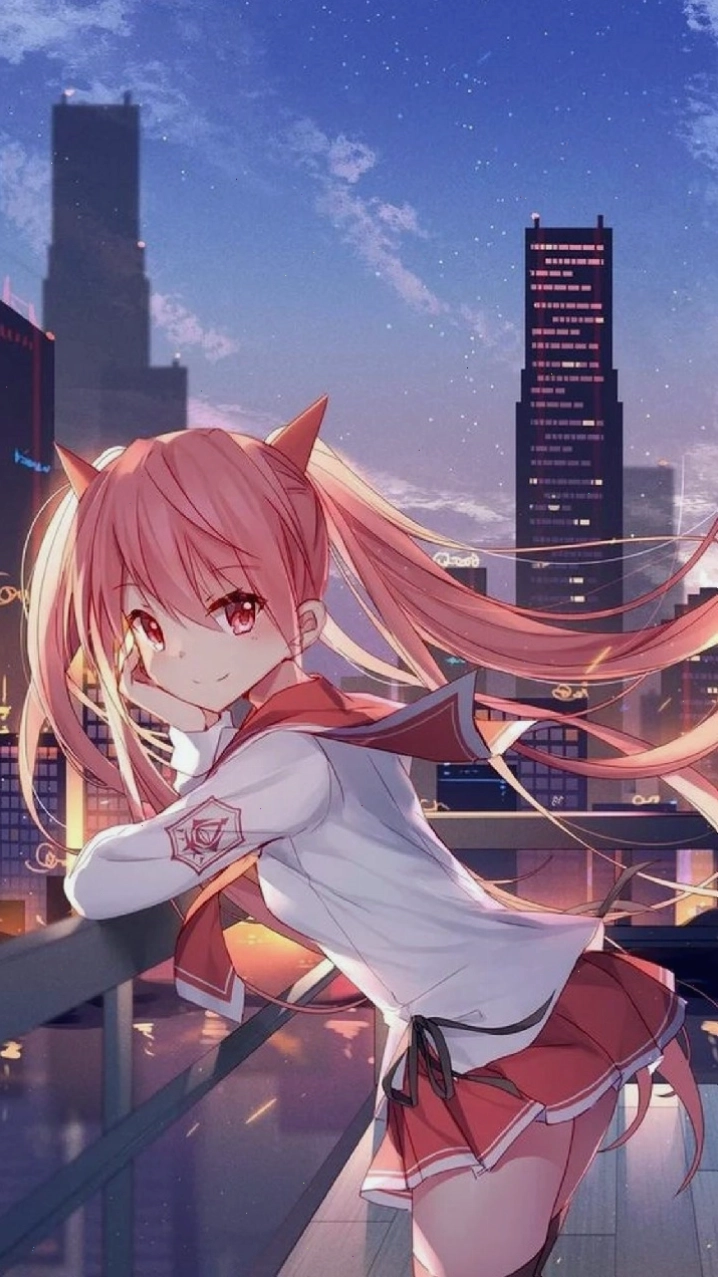 Ảnh anime girl dễ thương ngắm thành phố đêm