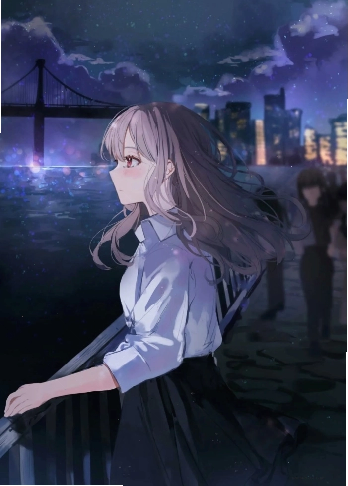 Ảnh gái xinh anime buồn ngồi khóc nhìn bầu trời đêm xa xăm, thể hiện tâm trạng sâu lắng