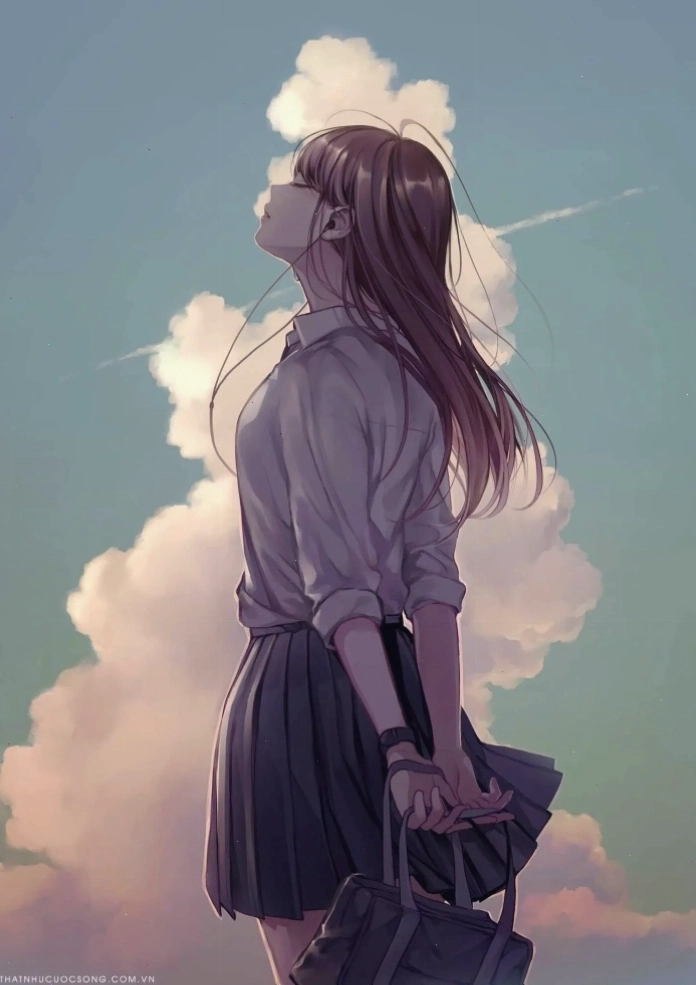 Ảnh học sinh anime nữ đang đứng hóng gió trời với mái tóc bay trong gió