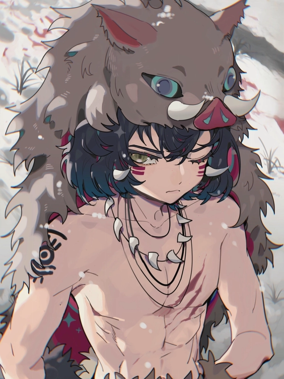 Ảnh Inosuke Hashibira anime đẹp với vẻ mặt tò mò