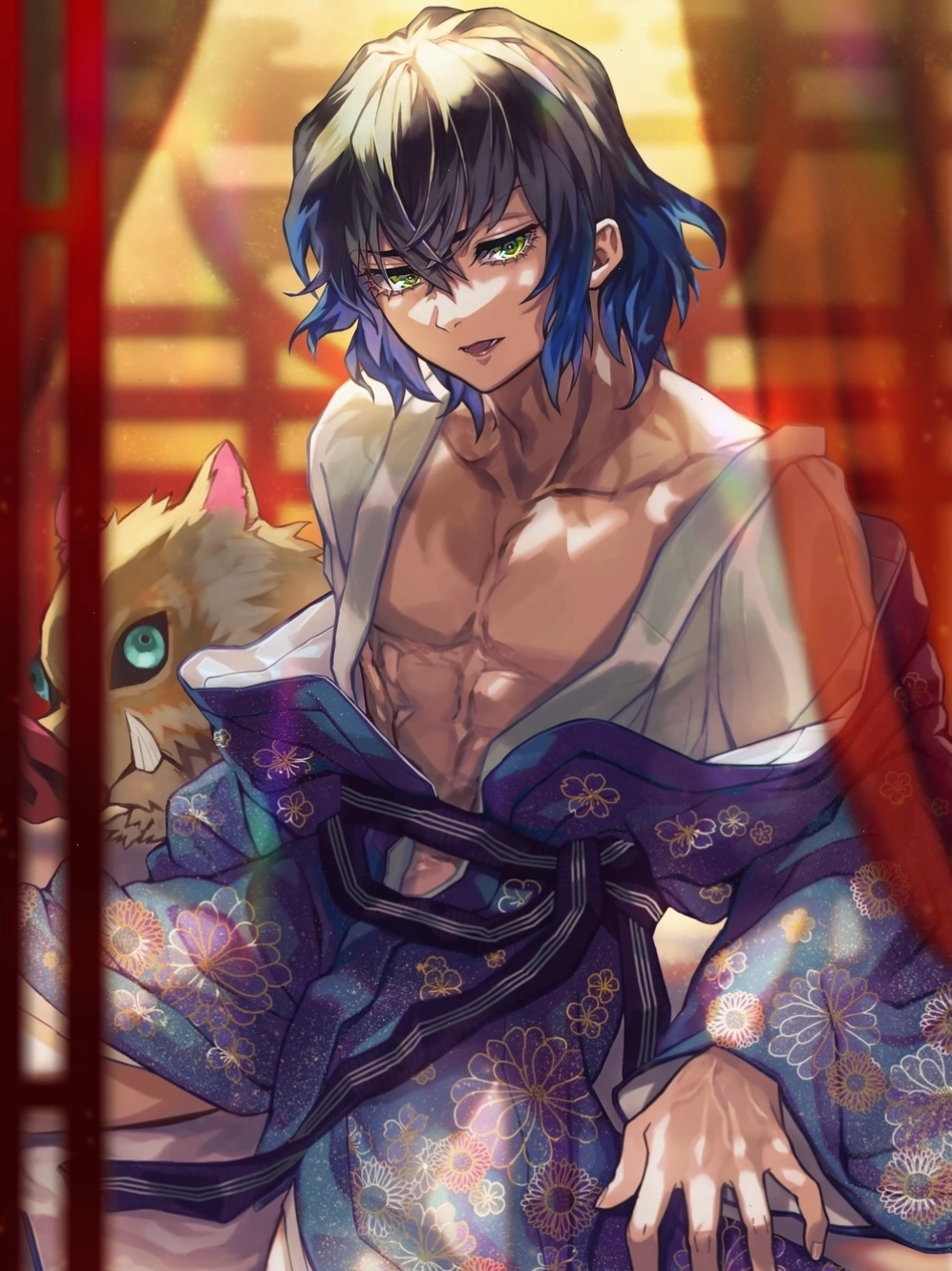 Ảnh Inosuke Hashibira anime với đôi song kiếm đặc trưng