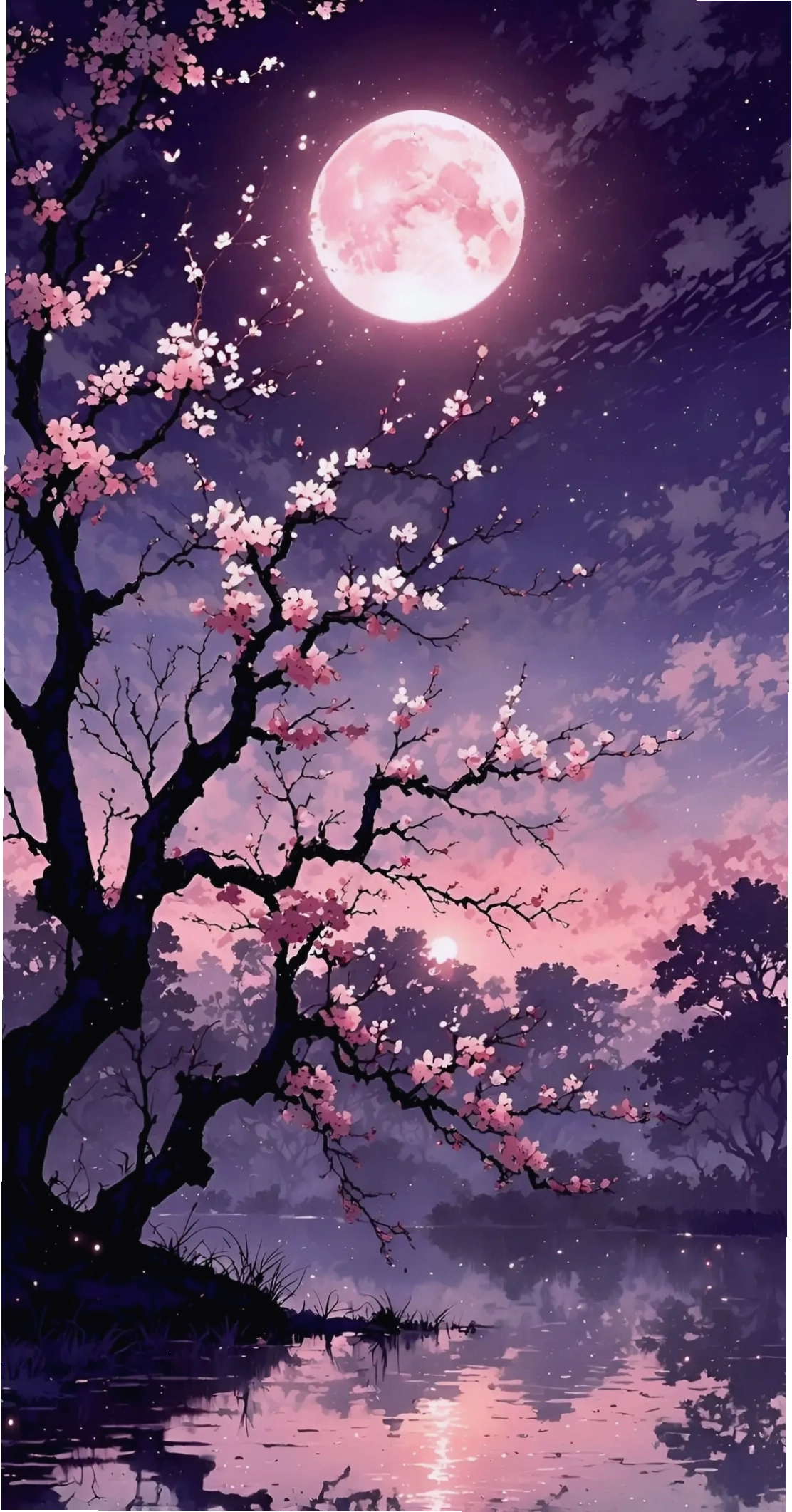 Anime hoa anh đào nở rộ dưới ánh trăng đêm huyền ảo