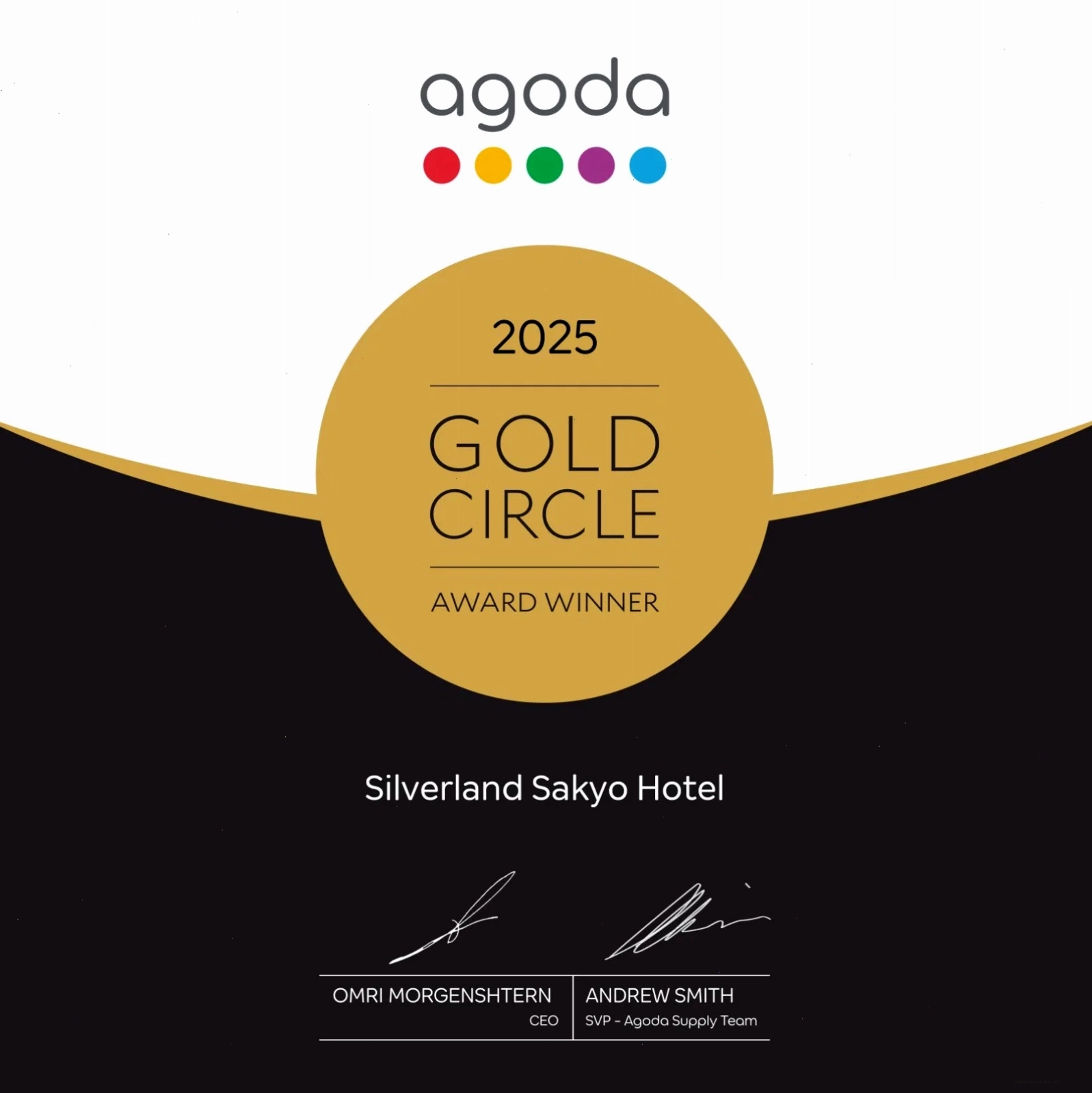 Bằng chứng nhận Agoda Gold Circle Awards cho Silverland Sakyo Hotel