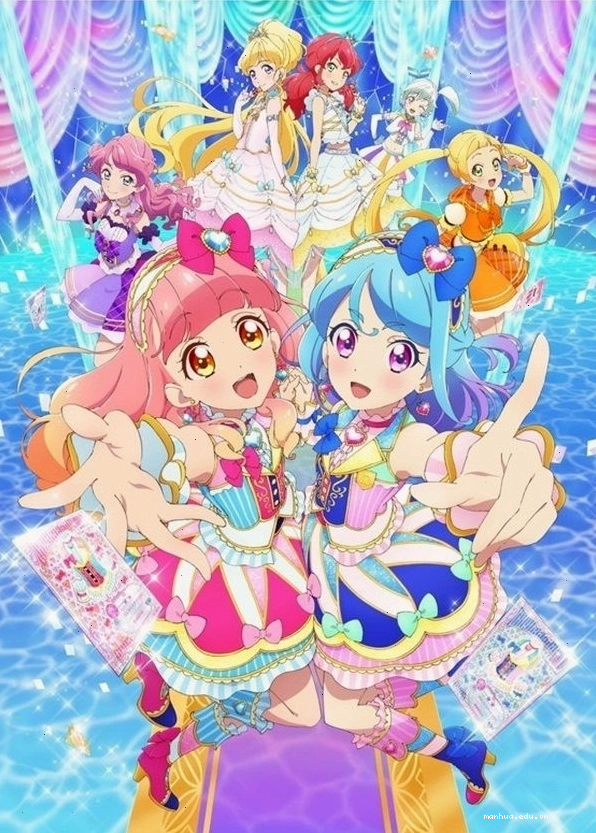 Các nhân vật nữ đang biểu diễn trên sân khấu trong anime Aikatsu!