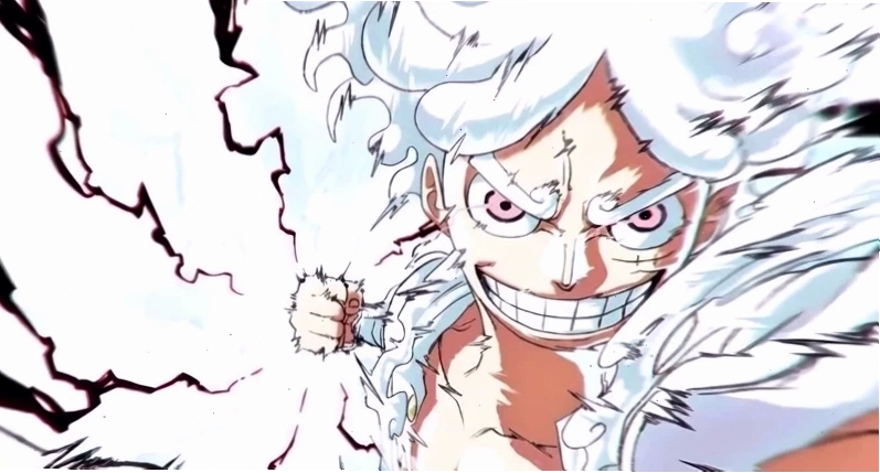 Cận cảnh khuôn mặt Luffy Gear 5 với nụ cười tự do và ánh mắt quyết tâm