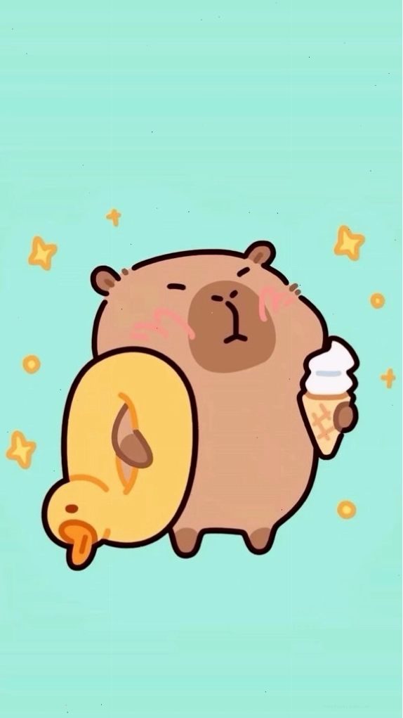 Capybara đang cõng vịt vàng, vẻ mặt vô tri trên nền xanh