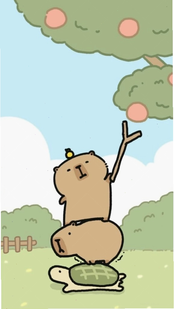 Capybara xếp chồng lên rùa hái quả với biểu cảm vô tri