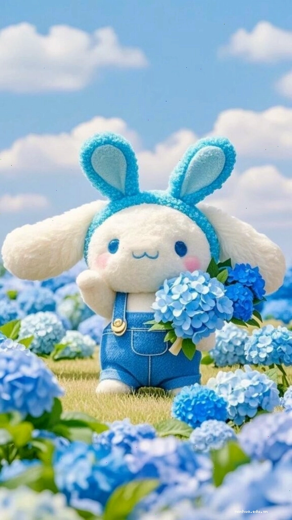 Cinnamoroll cute ôm hoa cẩm tú cầu dưới bầu trời xanh