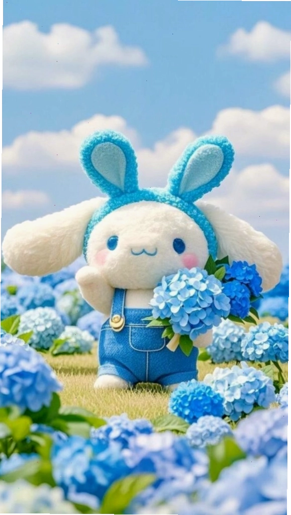 Cinnamoroll dịu dàng ôm hoa cẩm tú cầu dưới bầu trời xanh