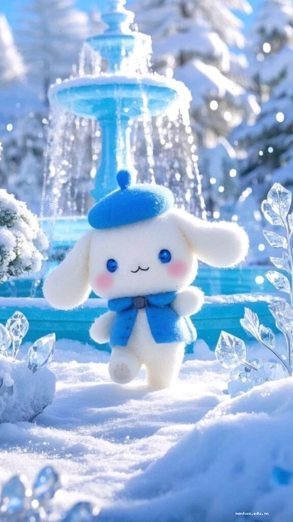 Cinnamoroll đứng dưới vòi nước trong khung cảnh mùa đông trắng xóa