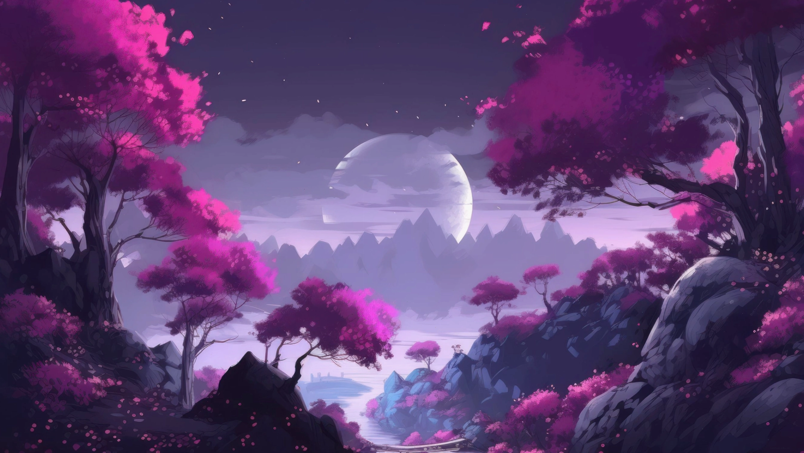 Cô gái anime đứng dưới cây hoa anh đào đêm