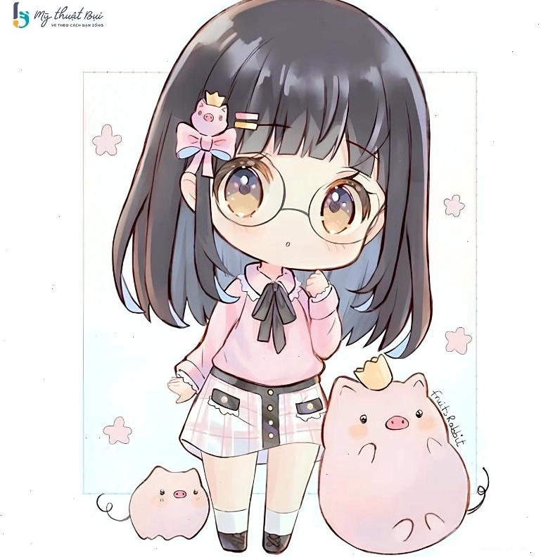 Cô gái chibi với mái tóc dài và nụ cười rạng rỡ