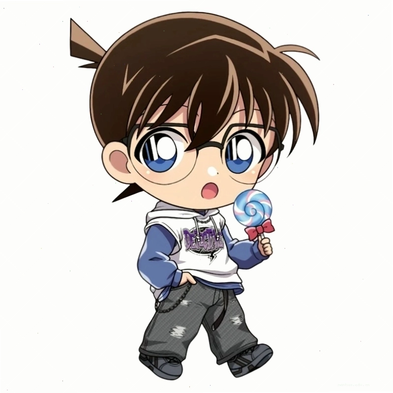 Conan chibi cute đang suy nghĩ với ngón tay đặt lên cằm