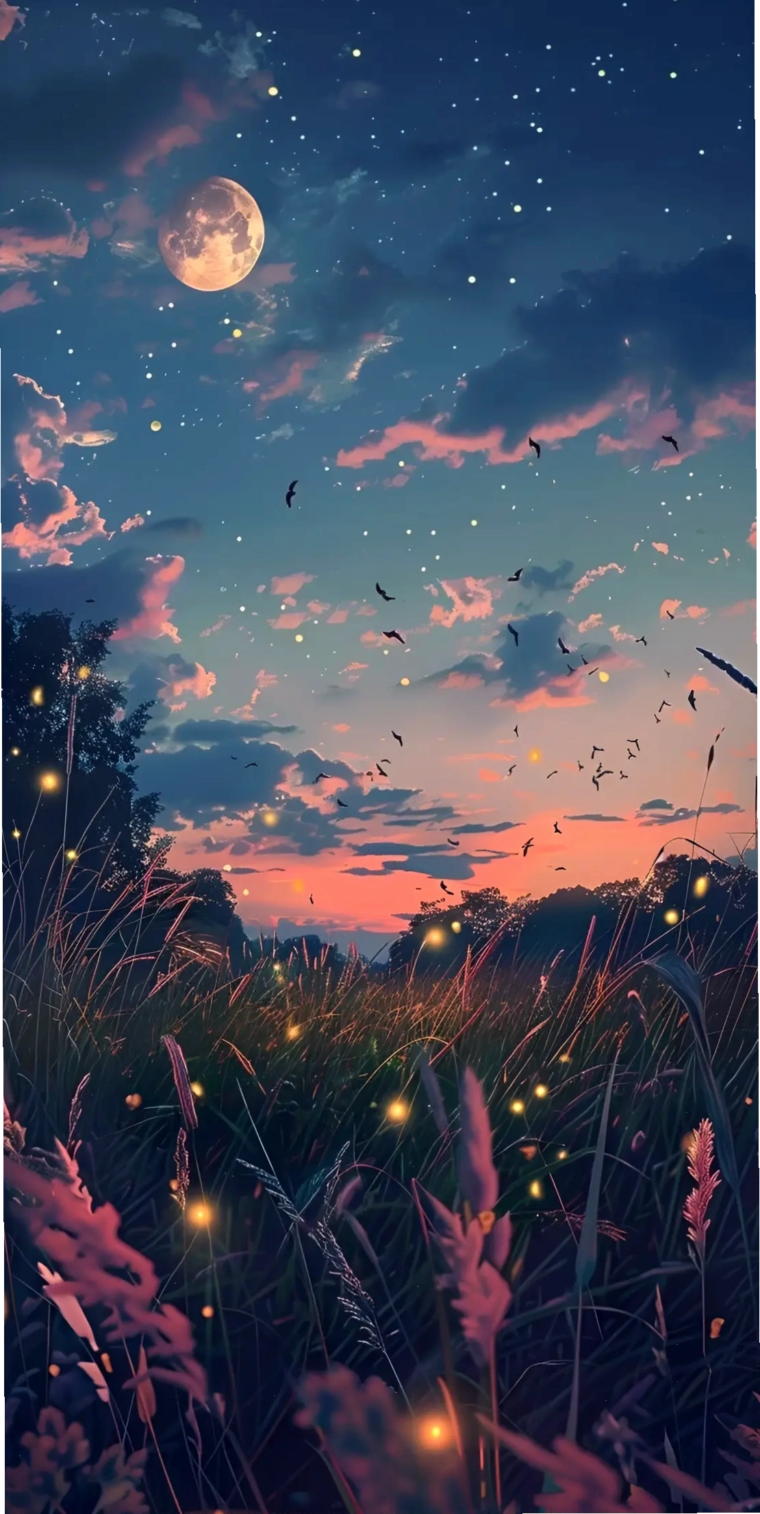 Đồng cỏ hoàng hôn anime với đom đóm và mặt trăng