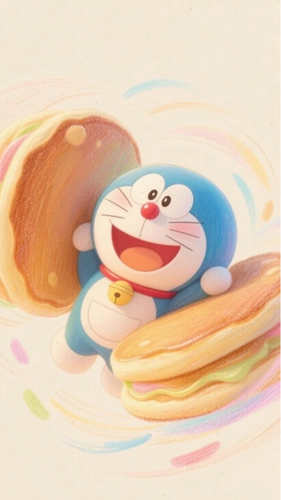 Doraemon chibi đang ăn bánh rán