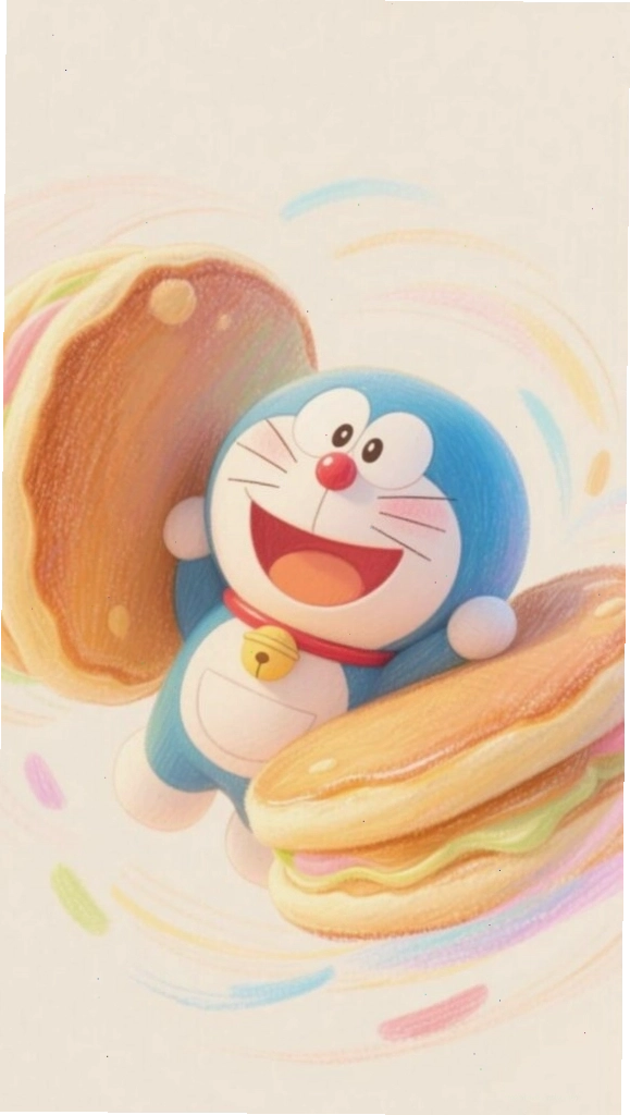 Doraemon chibi đang ăn bánh rán ngon lành