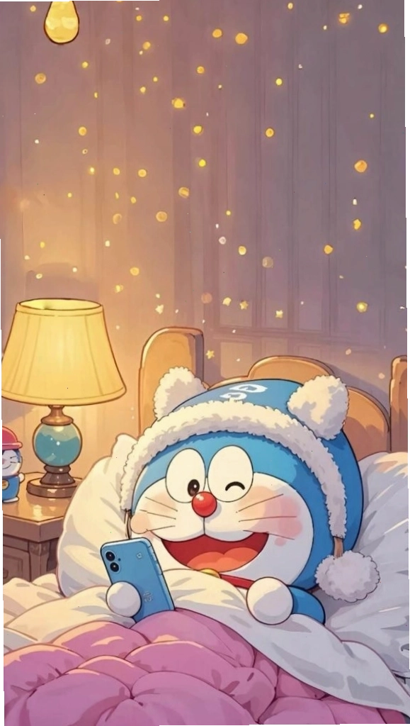 Doraemon cuộn tròn ngủ say trên giường