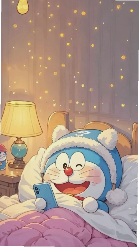 Doraemon cuộn tròn trên giường, ngủ say giấc