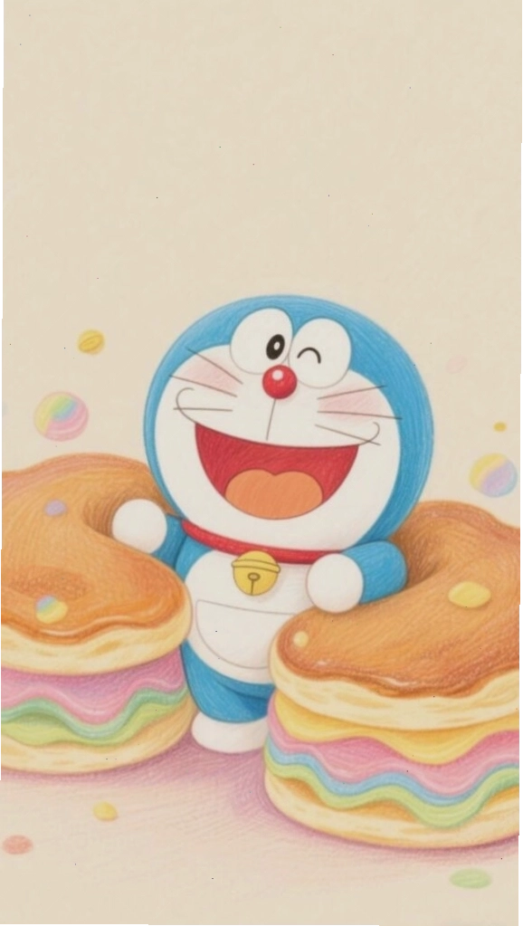 Doraemon thích thú bên đĩa bánh ngọt