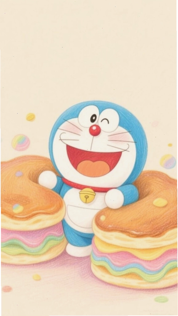 Doraemon thích thú bên đĩa bánh ngọt