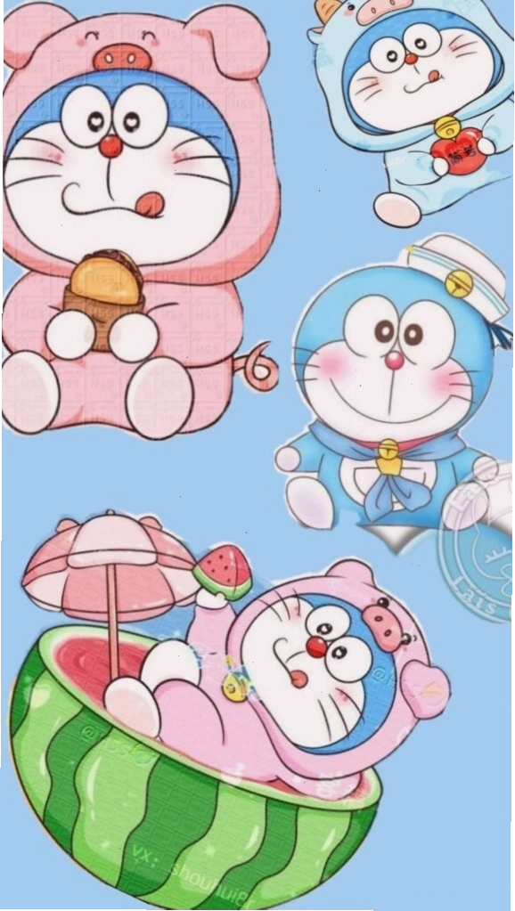 Doraemon và nhóm bạn chibi tắm mát trong dưa hấu
