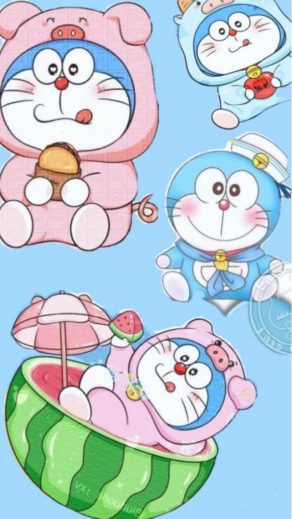 Doremon và nhóm bạn chibi tắm mát trong dưa hấu, hình nền