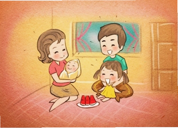 Gia đình 4 người anime có hai con gái nhỏ xinh xắn