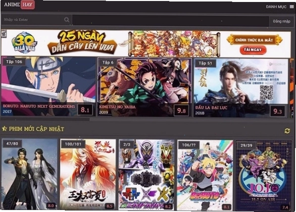 Giao diện trang chủ Animehay.tv hiển thị các bộ anime nổi bật