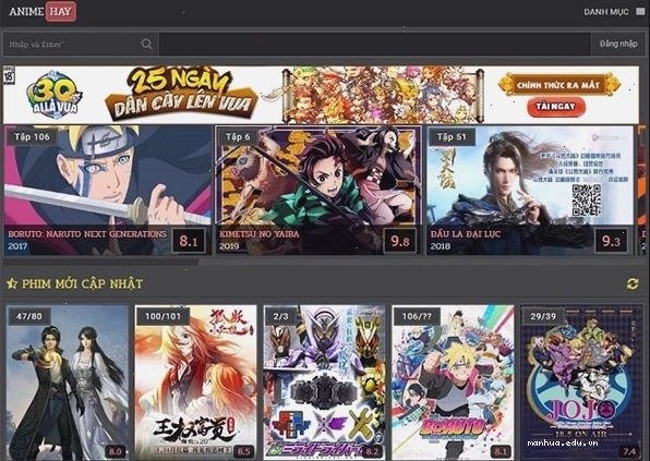 Giao diện trang web xem anime miễn phí