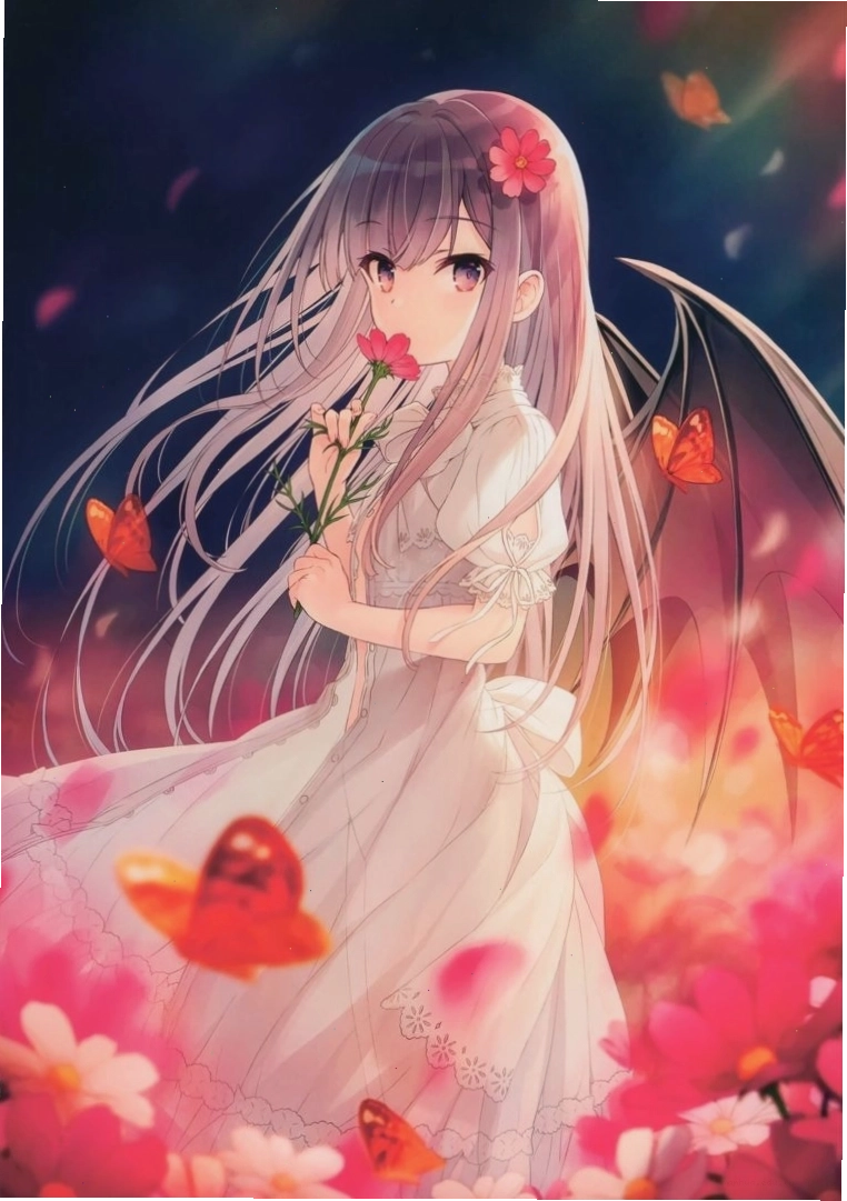 Hình ảnh anime girl dễ thương nhưng mạnh mẽ với đôi cánh ác quỷ và trang phục ấn tượng