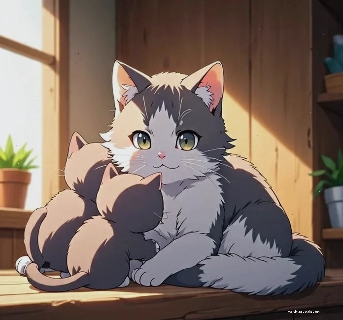 Hình ảnh anime mèo mẹ và mèo con đáng yêu