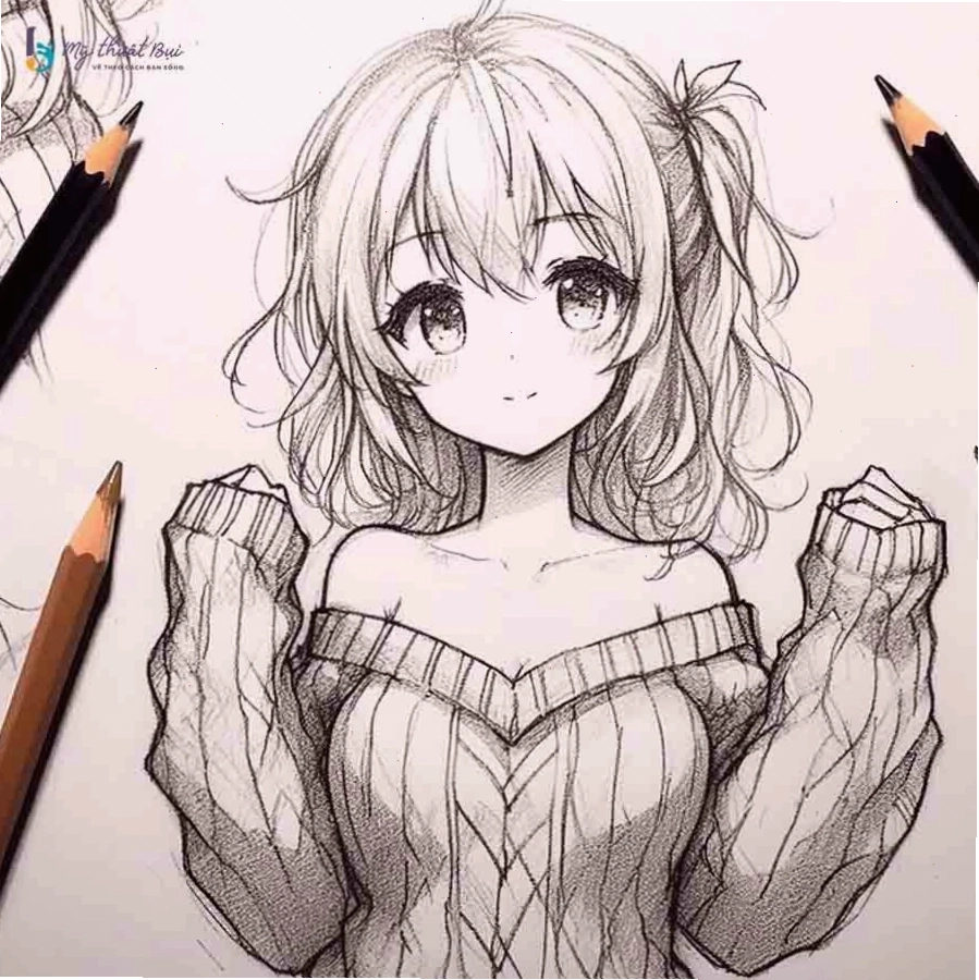 Hình ảnh anime nữ cute với đôi mắt to tròn đáng yêu không màu
