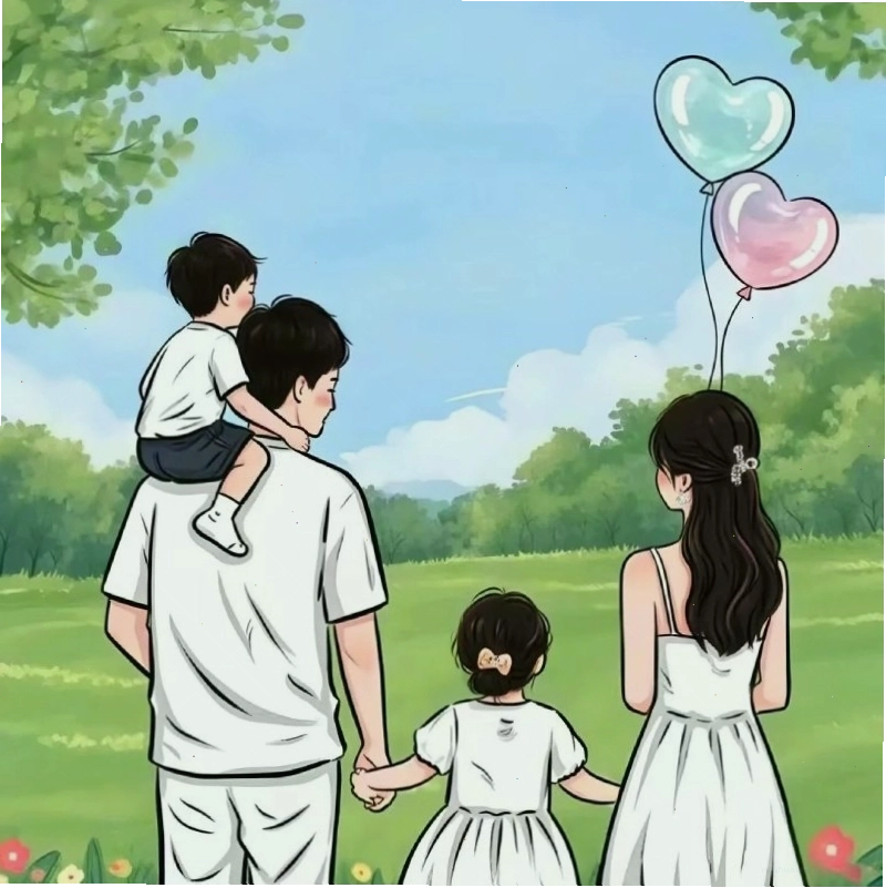 Hình ảnh gia đình 4 người anime với hai cô con gái dễ thương