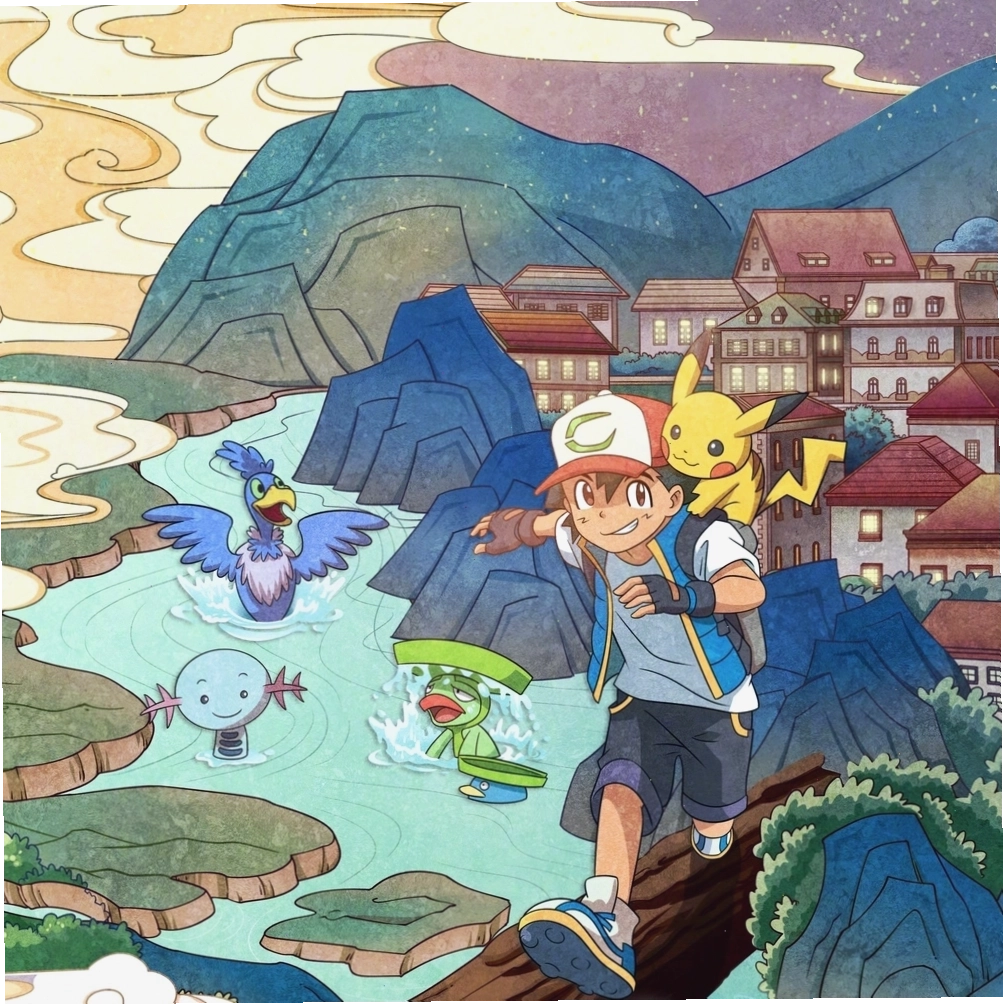 Hình ảnh hoạt hình Satoshi và Pikachu vui đùa cùng nhau