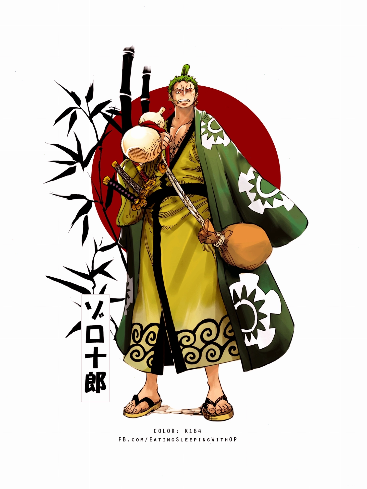 Hình ảnh Roronoa Zoro với biểu tượng gia tộc Shimotsuki