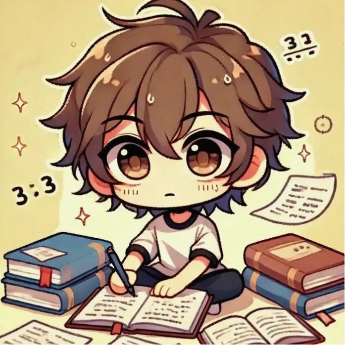 Hình chibi học sinh cấp 2 học bài với biểu cảm dễ thương