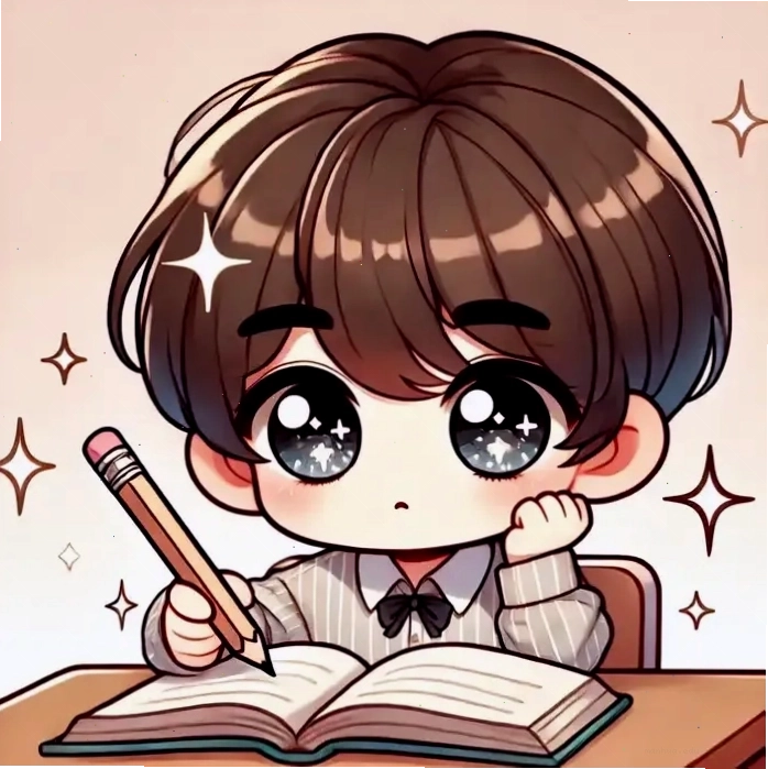 Hình chibi nam sinh cấp 2 đang học bài với biểu cảm cực cute