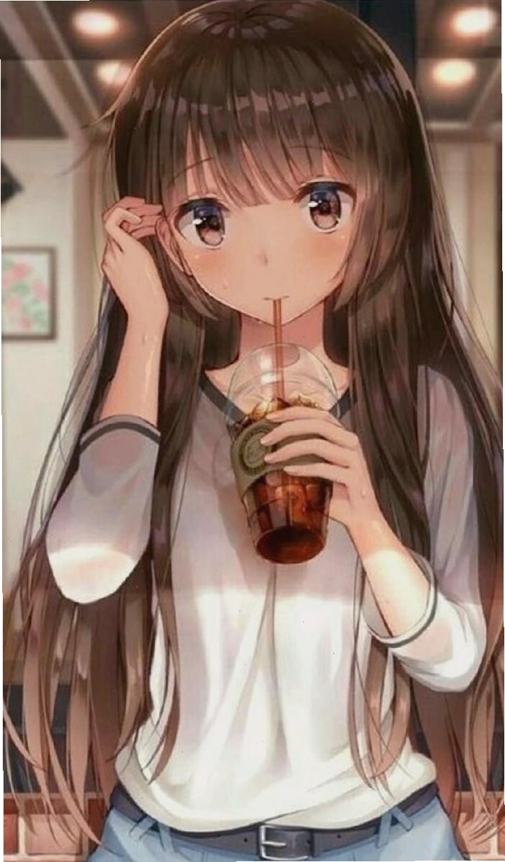 Hình nền anime nữ đang uống trà sữa cực dễ thương với phong cách chibi