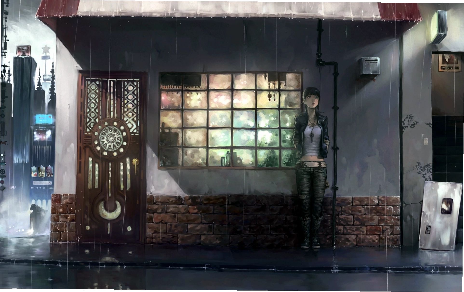Hình nền phong cảnh chill anime về đêm với ánh đèn lung linh