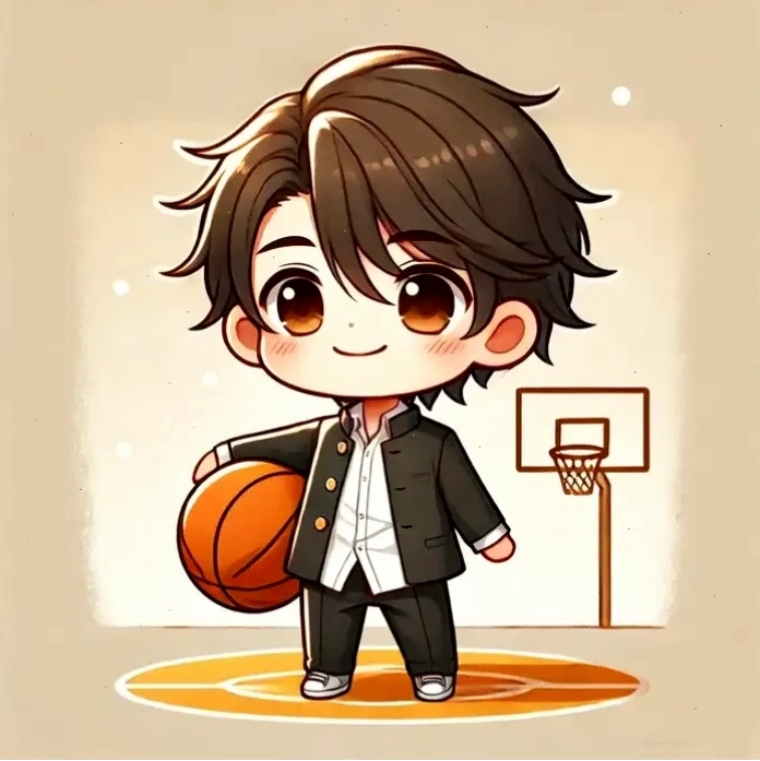 Hình vẽ chibi nam học sinh cấp 2 đang chơi bóng rổ