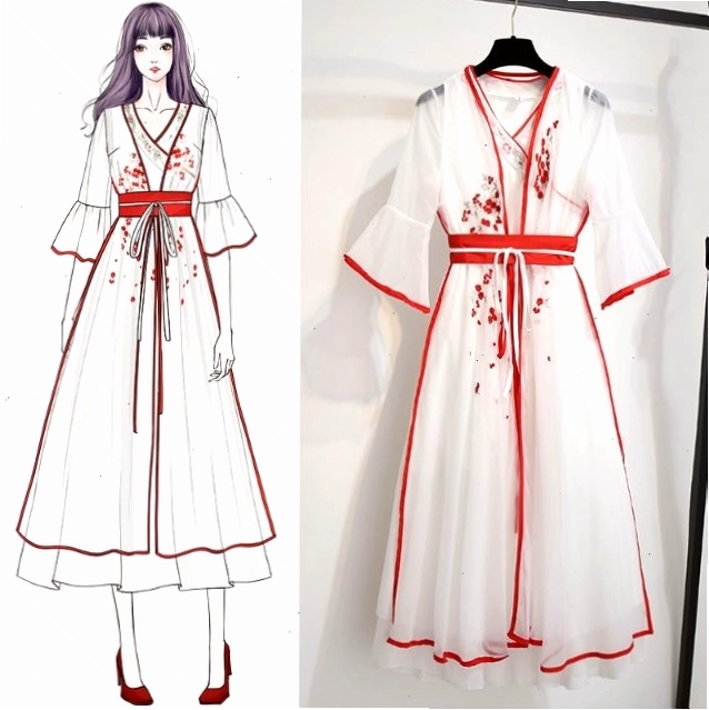 Hoàn thiện nét vẽ và thêm màu sắc cho váy cổ trang anime