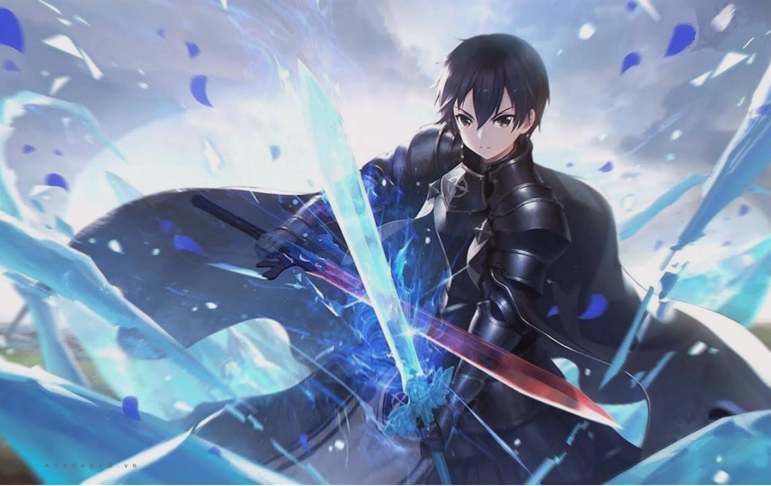 Kirito với thanh kiếm của mình trong tư thế chiến đấu