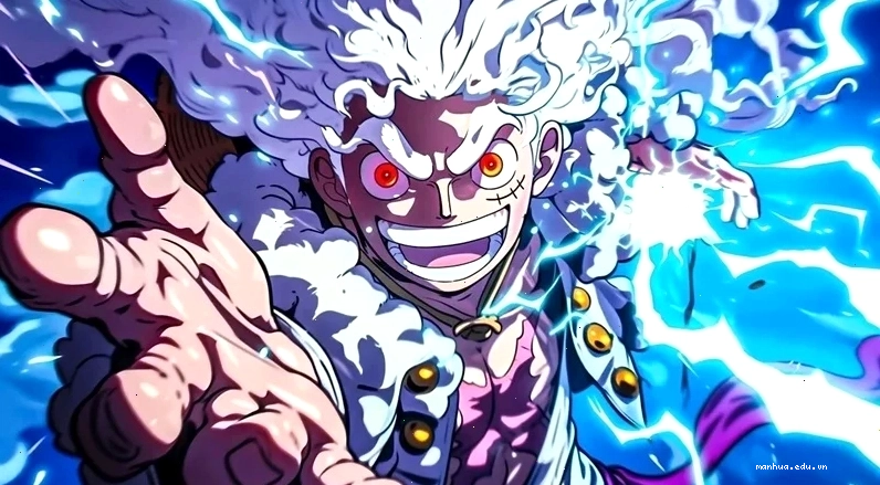 Luffy Gear 5 tung đòn tấn công mạnh mẽ với biểu cảm cực ngầu