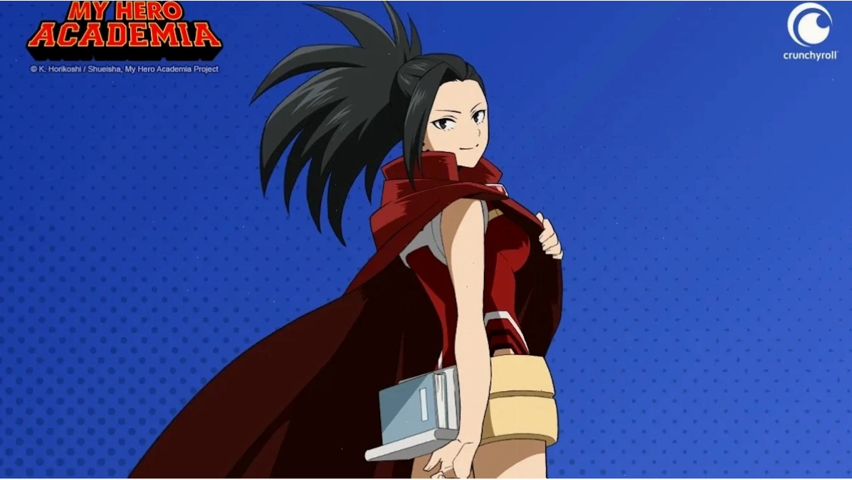 Momo Yaoyorozu trong trang phục anh hùng với áo choàng