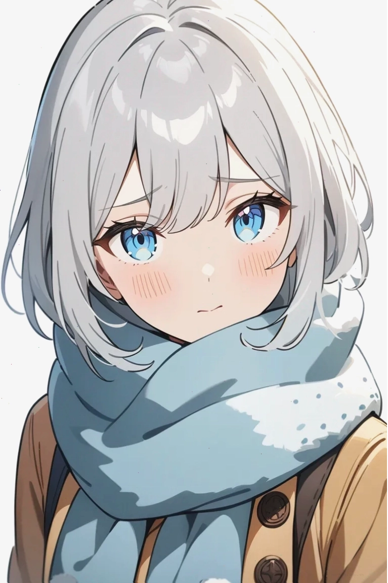 Nhân vật anime nữ tóc bạc với đôi mắt xanh băng giá, biểu cảm rụt rè