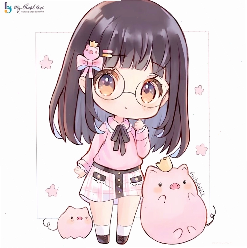 Nhân vật chibi dễ thương với mái tóc dài và phụ kiện
