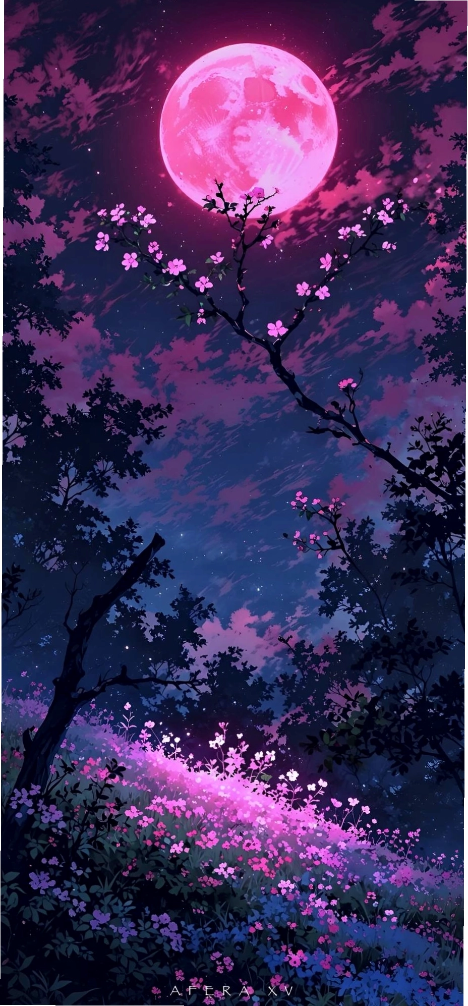 Phong cảnh anime hồ nước và hoa anh đào đêm dưới ánh trăng
