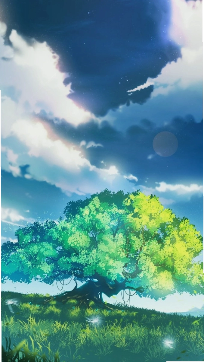 Phong cảnh anime xanh mát với cây cối và bầu trời trong lành