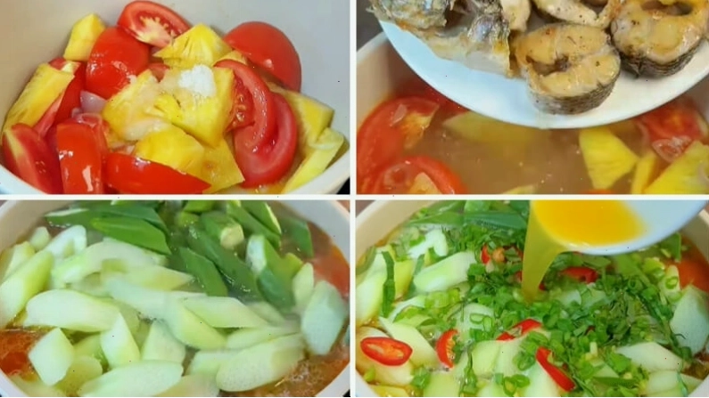 Quá trình nấu canh chua cá lóc trên bếp với các loại rau củ